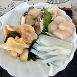 もりや商店 - おこのみ定食のほたて、いか(一盛)、つぶ(1ケ)、あわび