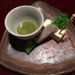 高砂茶寮 - 一口オードブル 菜の花の生ハム巻き＆豆腐の粕漬け グリーン・バーニャカウダで