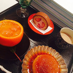 さ行 - デザート・カボチャプリン・苺のカステラロールケーキ・四種の柑橘白ワイン寄席ゼリー・桜のアイスクリーム・エスプレッソババロア