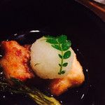 さ行 - のどぐろ・豆腐こしあぶら煎りだし・天然鰻けんちん巻香草カツレツ・蛍イカ・平貝・うるい・せり・菜花・黄身酢で