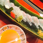 さ行 - お造り：鯛うす造り・生海苔よせ・からすみ塩・黄身醤油