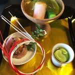 和彩くどう - 豌豆豆腐、辛子酢味噌、鯛照焼赤飯