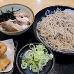 ゆで太郎 もつ次郎 - 料理写真:朝食セット冷そば(焼鯖ごはん)+太刀魚のちくわ天