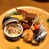 山城屋庄蔵 - 【八寸】海老銀杏串、揚松笠慈姑、錦玉子、蟹酢 エスタラゴン、ふくませ紅葉麩、秋鯖寿司、赤蒟蒻旨煮、じゃが芋カステラ、どんぐり 芥子の実、胡桃甘辛煮