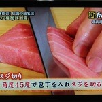鮨処 平野 - スジ切り　スジに対して４５度の角度で包丁入れてスジを切る　ＴＶより