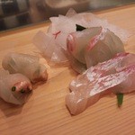 鮨処 平野 - 造り カワハギ肝巻き､ひらめ