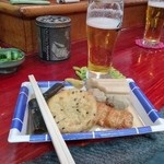 Kazusaya - おでん5種、がんも、昆布、さつま揚げ、イワシのつみれ、ちくわぶ+生ビール