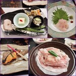 駒ヶ岳温泉 - 前菜、岩魚のあらい、紅鱒焼き、八幡平ポーク陶板焼き