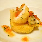 アナゴのフリット　タケノコとホタテ　レモンビネガーとトマトの香り。