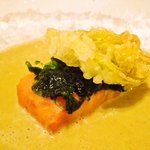 フキノトウとサクラマスのスープ 青海苔の香り。