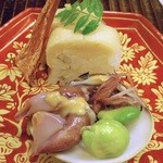 竹屋町 三多 - 蛍烏賊の酢味噌/空豆/ミルフィーユ筍寿司/ばちこ干し炙り