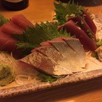 遊人 - 本日のお刺身3点盛(まぐろ,いなだ,かつお)(15.4.1)