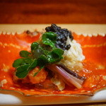 松川 - 【春】渡り蟹に北カスピ海、カザフスタンの天然のベルーガのキャビアをあわせて、スダチを入れたお酢のゼリーとせり科の春野菜を添えて(2015.04.04)