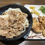 こだわり麺や - 料理写真:冷たい肉ぶっかけ 大 (3玉)+とり天x2+半熟たまご天