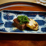 松川 - 【春】近江牛と京都洛西塚原産の筍の焼き物、花山椒を添えて(2015.04.04)