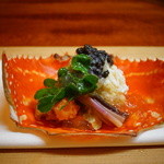 松川 - 【春】渡り蟹に北カスピ海、カザフスタンの天然のベルーガのキャビアをあわせて、スダチを入れたお酢のゼリーとせり科の春野菜を添えて(2015.04.04)