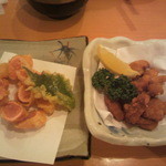 まるとく食堂 - 明太子の天ぷらと、モツの唐揚げ(*´艸｀*)おいしかったです！