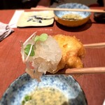 柳井 - 衣はふんわり軽やかで、縞鯵の上質な脂と旨味がじゅわっと広がります。大根おろしとかいわれが良いアクセント‼️
お造りへの期待が高まる見事な突き出し