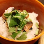 馳走 きむら - お食事は鯖のへしこの出汁茶漬けのアップ。