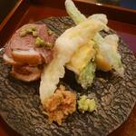 浅川料理店 - 近江鴨の炙りと夏野菜の天ぷら