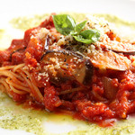 Tomato pasta with eggplant, pancetta and mozzarella
