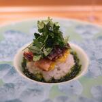 銀座 大石 - 新生姜たっぷりのリゾットにウナギ。木の芽を散らして。これはめちゃ美味しかった。新生姜でリゾットをさっぱりさせて木の芽の香りがウナギと合います！