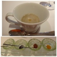 デフィ・ジョルジュマルソー - ◆菊芋のスープ・・優しい味わい。最近「菊芋」を出すお店が多いような・・
                下は「塩」「柚子胡椒」などの調味料。お料理に好みで使用します。