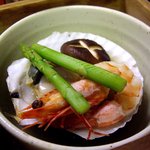 旅亭 萬葉 - 進肴　帆立酒蒸し、海老、アスパラ、、椎茸、能登の塩、あわせ味噌添え.JPG