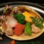 御料理 堀川 - 厚焼卵・田楽・巻穴子・飯蛸・鯛の子・菜の花・空豆