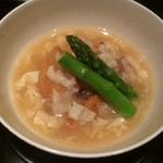 御料理 堀川 - 炊合：アブラメ・粟麩・長芋・アスパラ