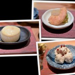 ３種の盛り合わせ/富有柿の胡麻和え・天使の海老と蒟蒻・ふろふき大根