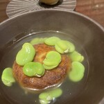 TOVILA osteria - タレッジョチーズとじゃがいものフリコ　そら豆のスープ