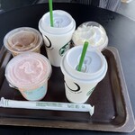 スターバックスコーヒー - ドリンク写真:スイートミルクコーヒー、コールドブリューコーヒーアイス、ピーチ&ピーチミルクフラペチーノ、ピーチ&ピーチミルクフラペチーノ（ホイップ抜き）、コールドブリューコーヒーアイス