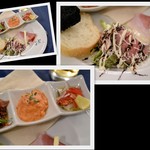 ラ・フレッチャ - 2015/3　Antipasto ホタルイカのソテーに赤海老のオーロラソース、
      イワシのマリネと上州牛のローストビーフサラダ