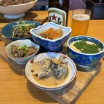 花嫁食堂 - 本日のおばんざい５種盛り(麻婆茄子、肉じゃが、レバーの当座煮、鯖の味噌煮、海老の茶碗蒸し)