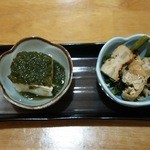 Izakaya Shoubee - お通し（２品）￥500（H27.4.10撮影）