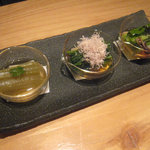 蕎麦 案山子 - 穀雨の頃のお浸し三種（うるい・芹・蕗）」