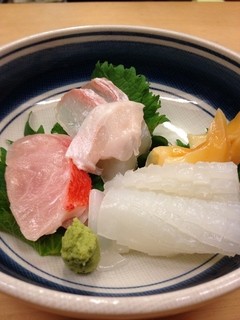 Makikawa - 平目、金目鯛、イカ、青柳の刺身盛り合わせ