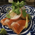 土家 - 27年4月　サクラマスのサラダ　豆乳ドレッシング　新ジャガ、ラディッシュ、クレソン