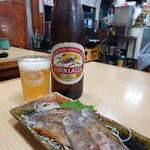 動坂食堂 - メヒカリの炙り刺身と瓶ビール
