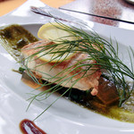 手打ち蕎麦とフレンチの やな木 - ＜2015年4月＞白身魚のポワレ、松の実と香草のソース、ミントのジュレ