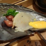 さ行 - ホタルいかと平貝の黄身酢かけうるい・せり・菜花添え