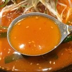 さんか亭 - 【2015年03月】韓式ピリ辛チャンポン麺のスープアップ、魚介等の味わいが溶け込んだ旨辛スープです。