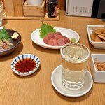 ソバキチ - 天狗舞。マグロぶつ。ごま鯵たたき。柚子ふり大根返し漬け。