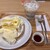 よつ葉ホワイトコージ - 料理写真:よつ葉のふんわりけずりバターパンケーキ 甜菜糖蜜添え　&   アイスカフェラテ