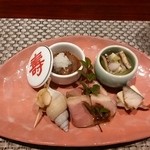 耽美 下村 - 最初の前菜盛合せ♪桜色のお皿が素敵✨