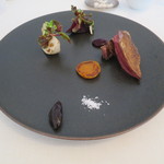 肉料理：小鳩の胸と腿肉 8年熟成の味噌とヘーゼルナッツ、又はカシスのソースで1