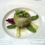 レストラン アラジン - ホタテ貝とセップ茸のキャベツ包み蒸し、枝豆添え、2015-4