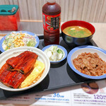 松屋 - 料理写真:ふわたまうな丼ダブル、牛皿並盛、生野菜、豚汁、お新香