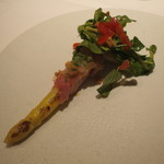 エクアトゥール - 前菜3：佐賀県産ホワイト・アスパラのグリエ大トロ巻き、グレープフルーツとバルサミコのヴィネグレツト クレソンと木の芽、マーシュのサラダ